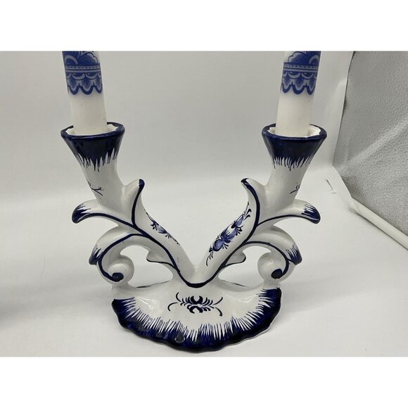 Blue and White Porcelain Double Candlestick, Set of 2, Made in Portugal w/Tapers - Picture 8 of 16